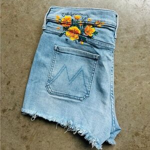 MOTHER Patchy Light Blue Jean Shorts Floral Design HR Stretch Women’s 29 EUC